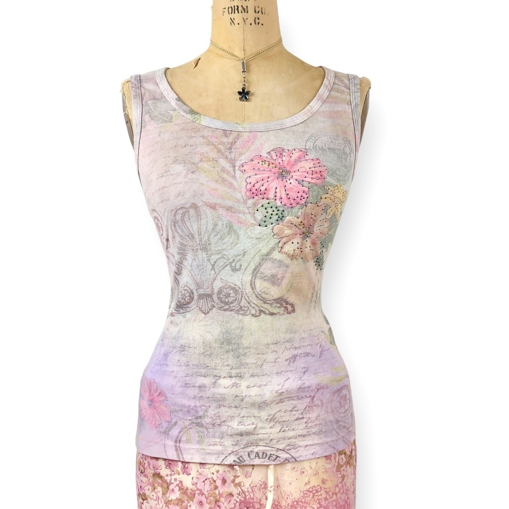 Y2K Rhinestone Floral Tank Top Pastel Soft Whimsical Fairy Size L